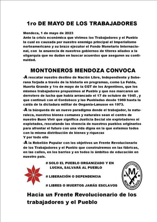 1ro de Mayo Día de los Trabajadores,  Montoneros Mendoza Política Nacional Convocatoria Segunda Independencia